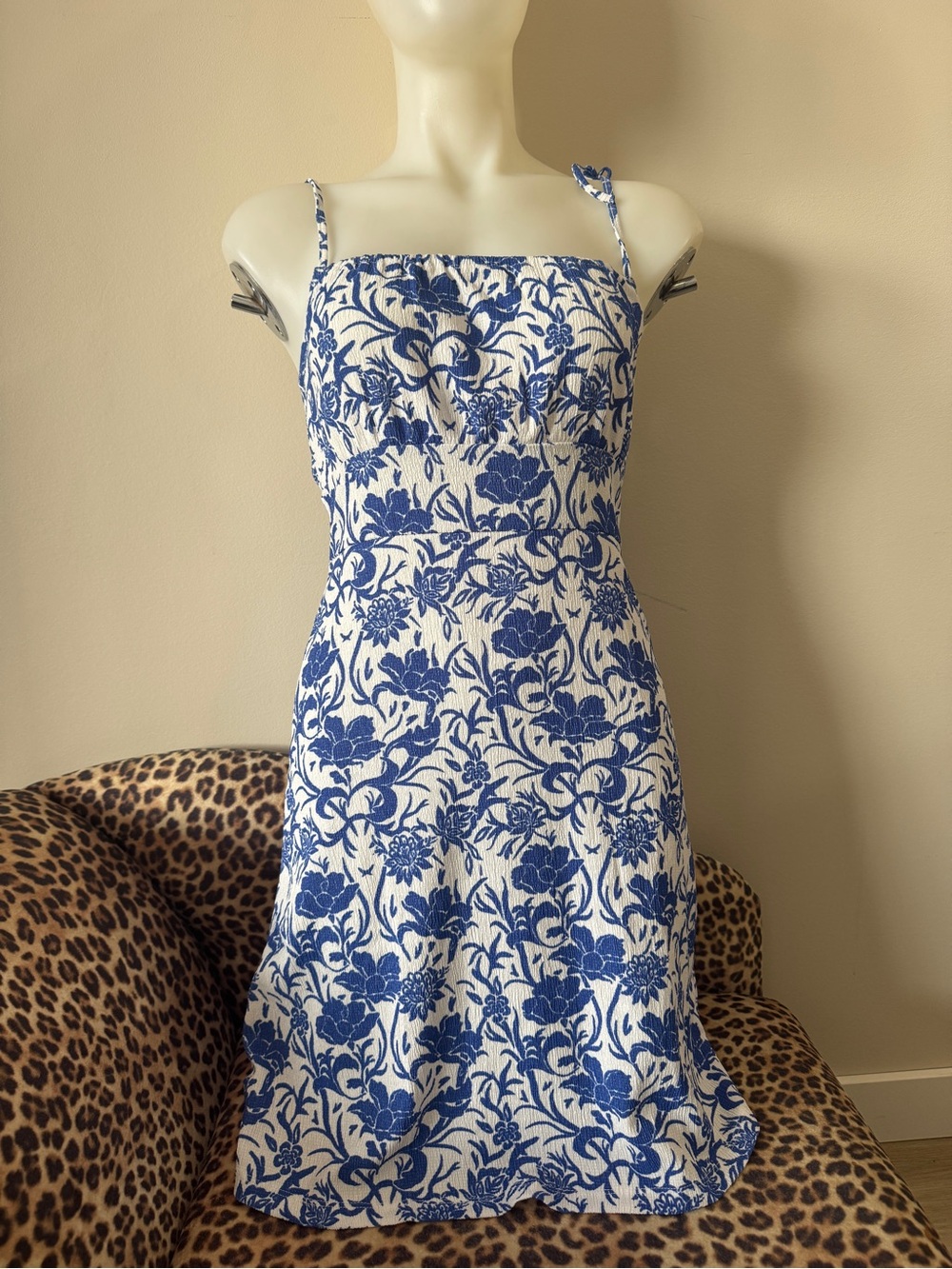 Blue and White Floral Midi Dress with Spaghetti Straps